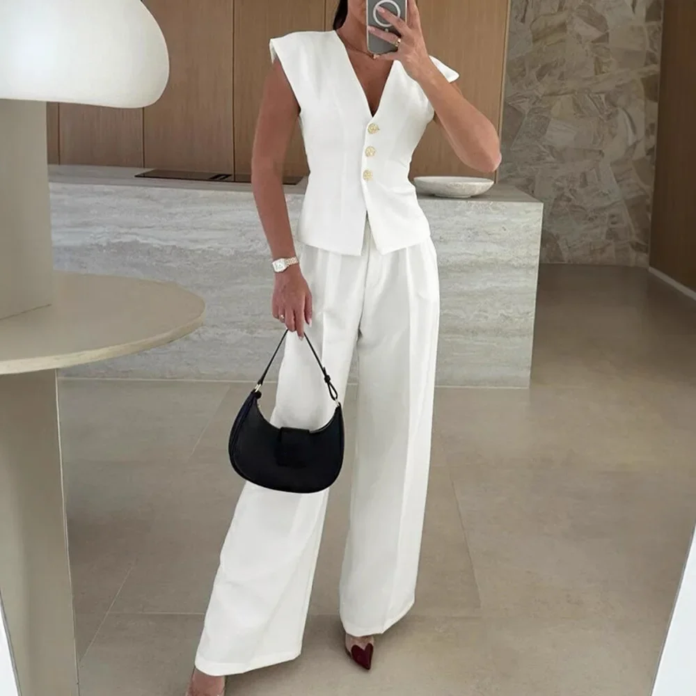 

Sim Fit Blazer Vest and Casual High Waist 2 Pieces Outfit Sleeveless V-Neck Wide Leg Pants Set