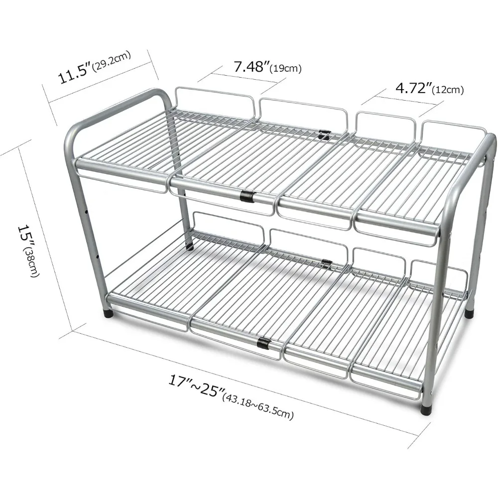 2 Tier Under Sink Expandable Shelf Organizer, Storage Rack (Silver)