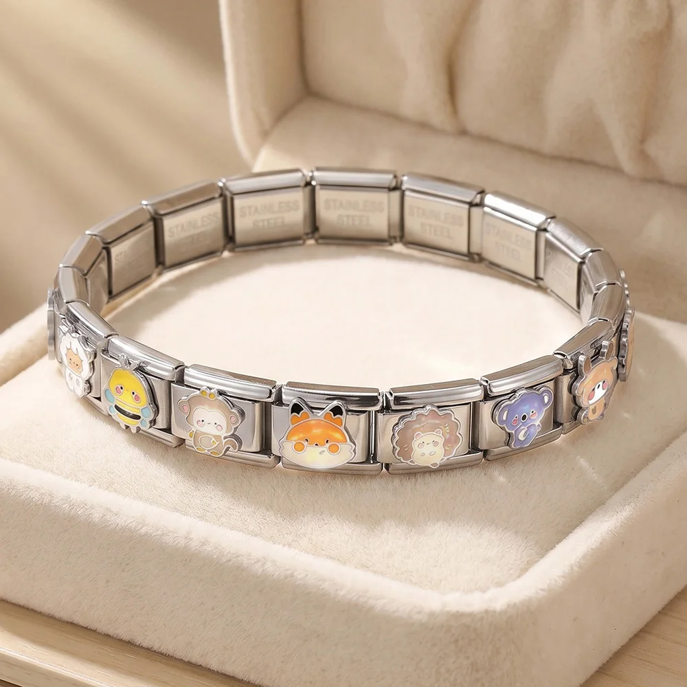 Emaille-Teddybär-Anhänger mit Tiermuster, Cartoon-Geschenk, italienischer Charm-Anhänger, passend für 9mm Armbänder, DIY-Schmuck aus Edelstahl für Damen und Herren – Detail 4