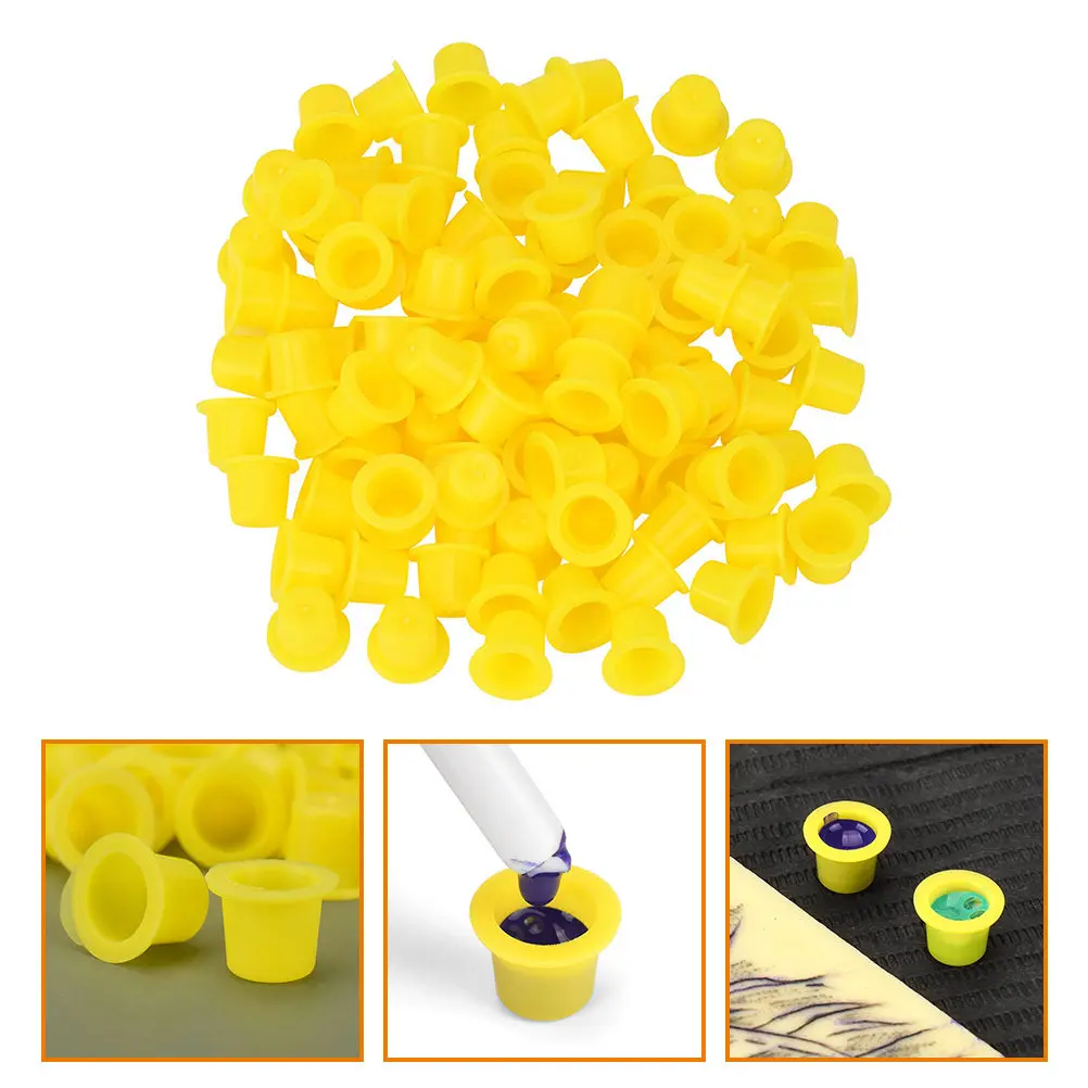

100 шт. желтых стаканчиков для чернил для татуировок, утолщенные держатели для пигмента, одноразовые маленькие контейнеры для пигмента, принадлежности для тату
