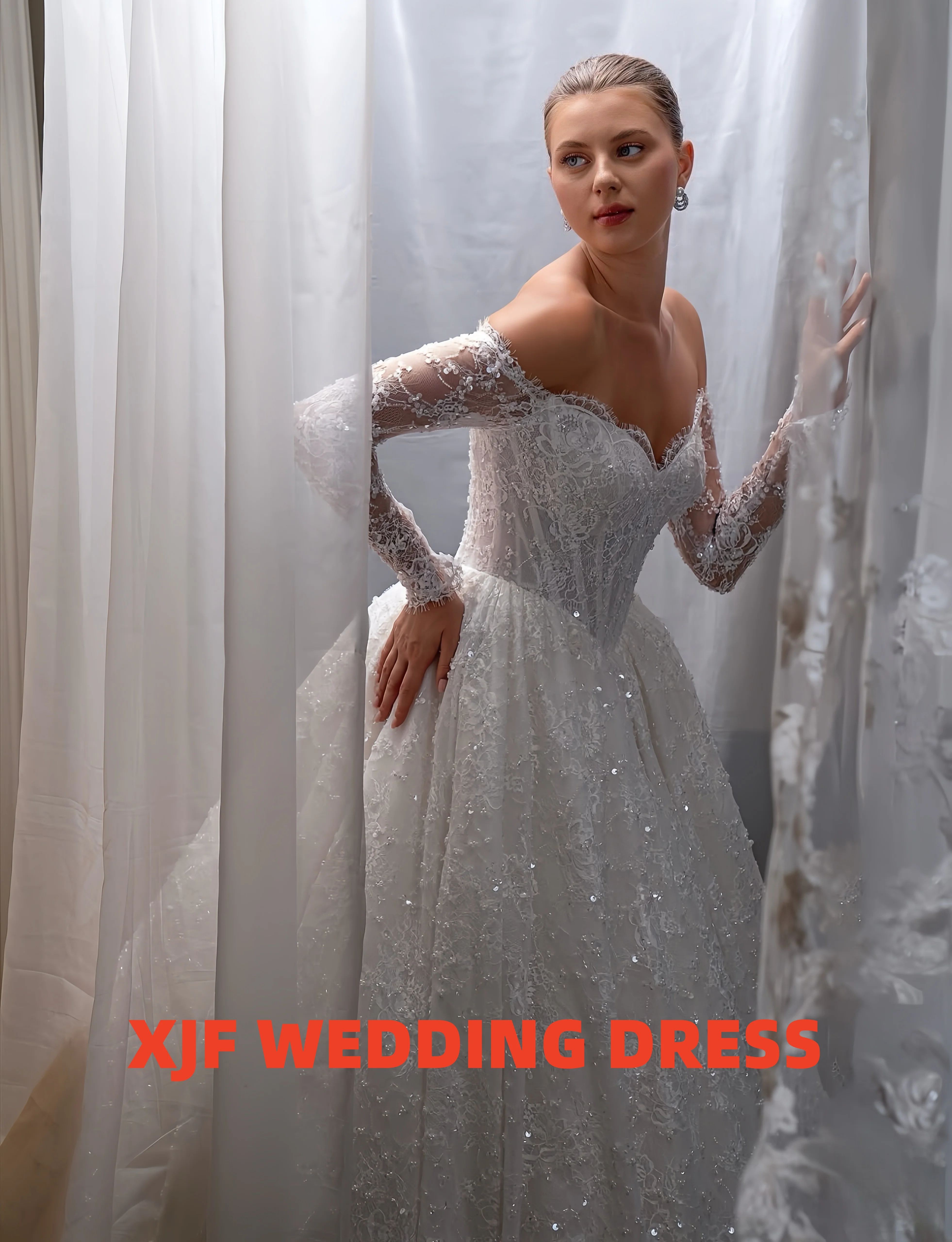 Dulce cuello manga larga A-LINE elegante personalizado amanda novias vestidos de novia amanda novias vestido de novia