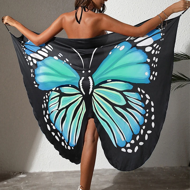 One-piece Swimsuit Butterfly Print Halter Group, Long Dress A Variety Of Diy Wear With Bathing Suit Ladies