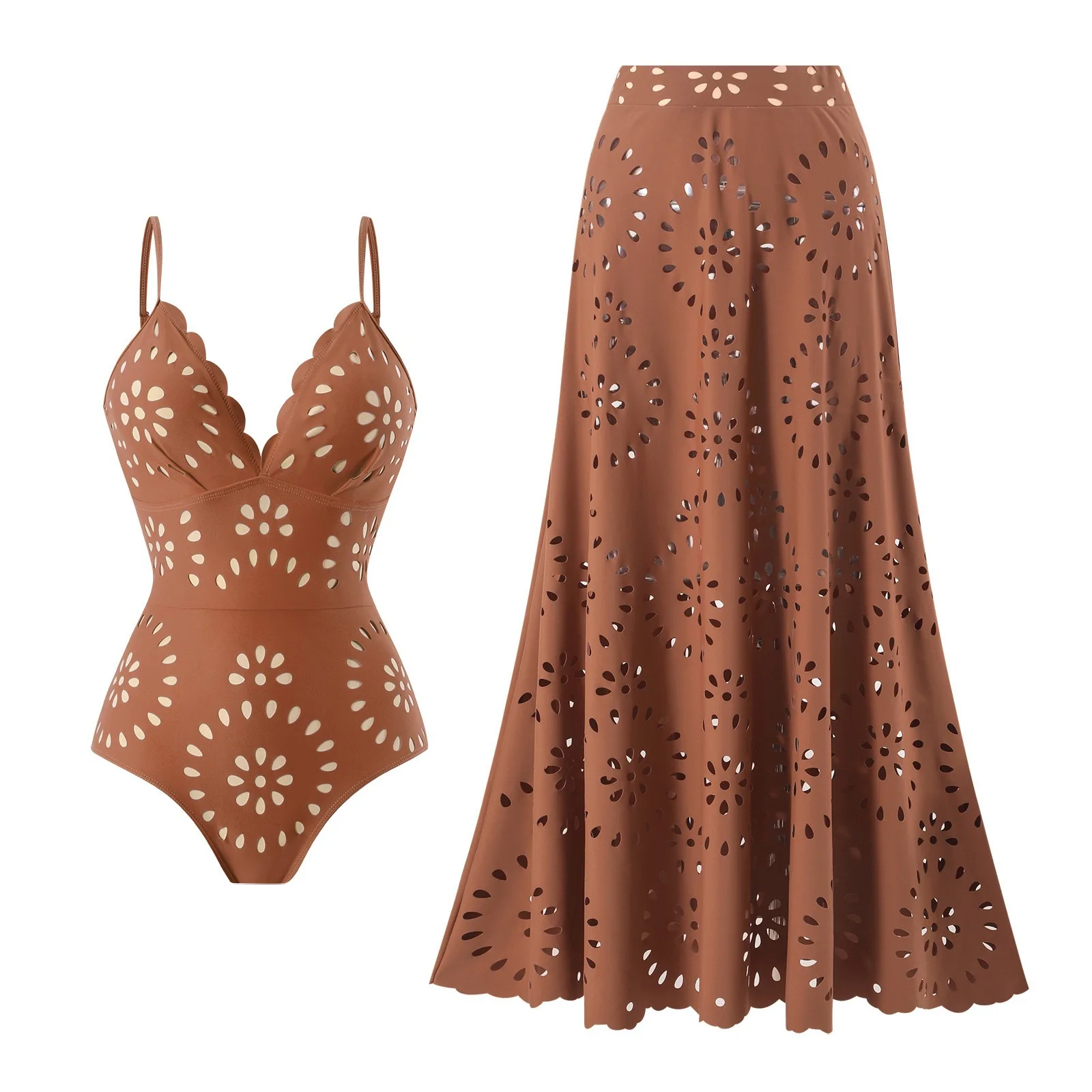 2026 Women's Solid Color Cut-out Swimsuit Two-Piece One-Piece Dress-Style for Women New Fashionable Poolside Attire