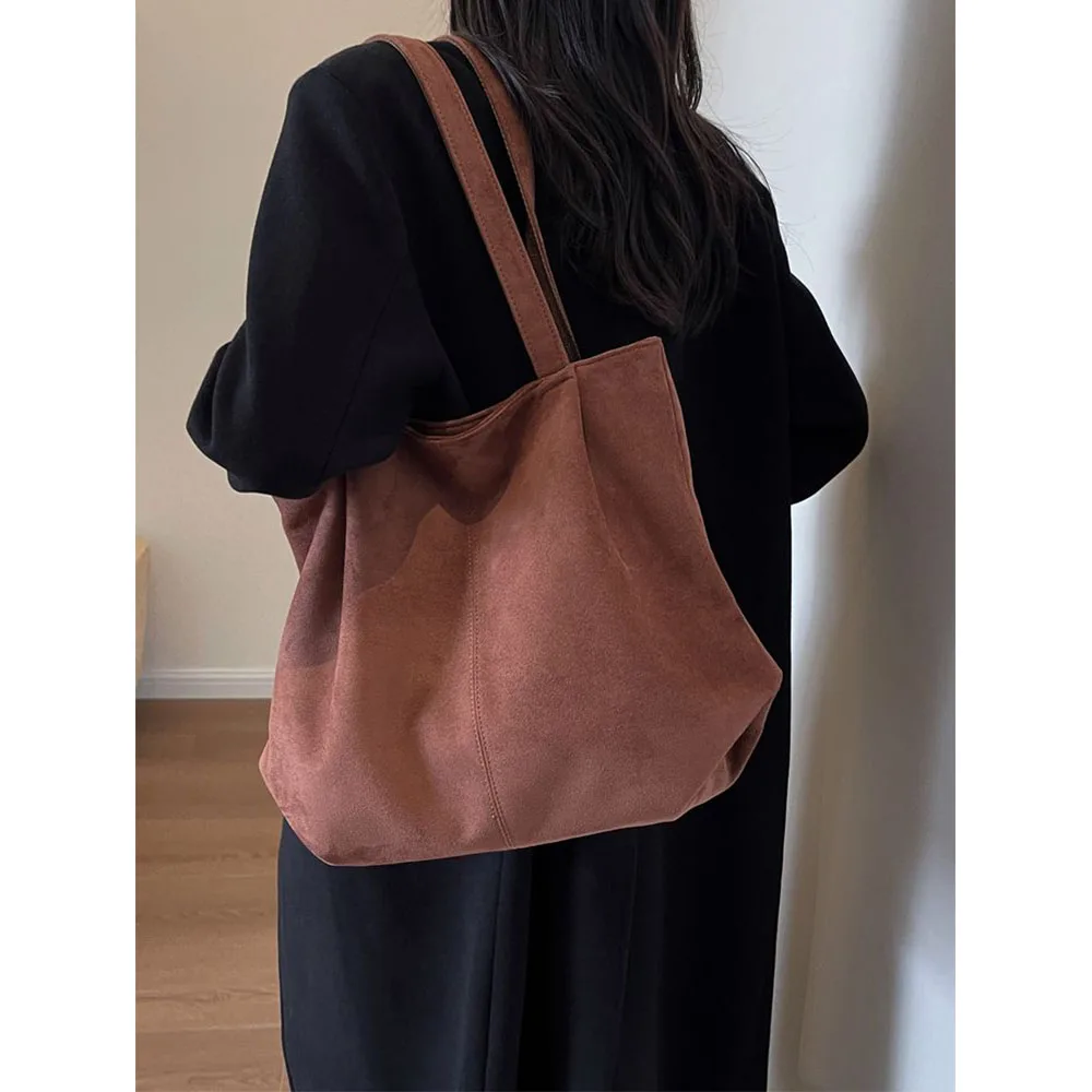 Korean Fashion Women Faux Suede Tote Bag Solid Large Capacity Female School Shoulder Bags Lady Casual Simple Commute Handbag