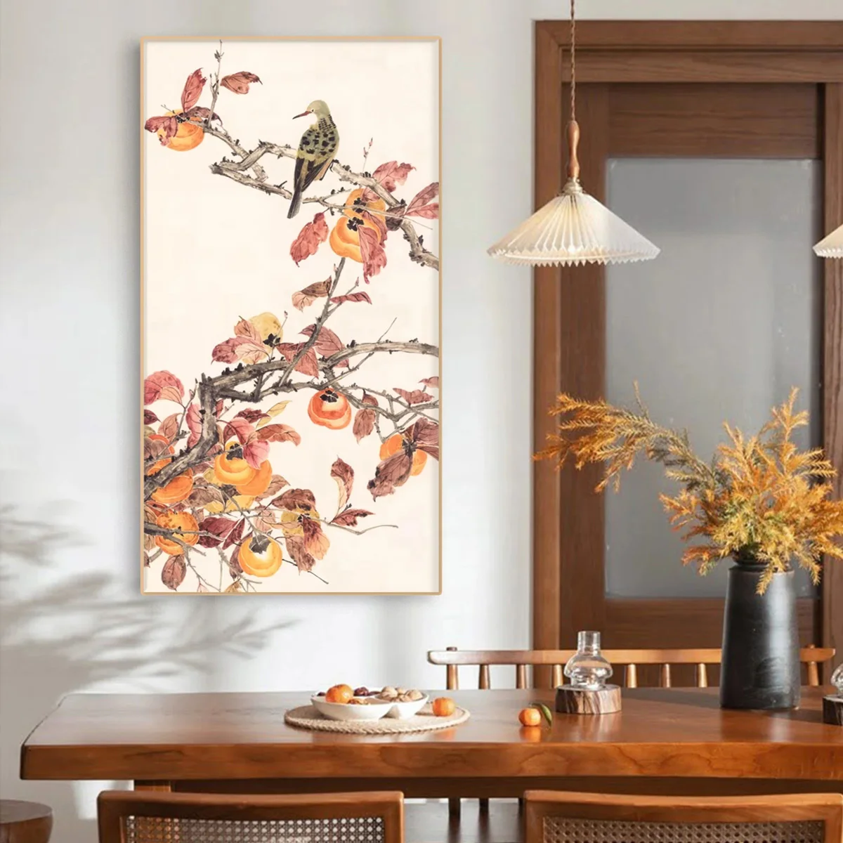 Persimmons and Bird Chinese Canvas Painting, Autumn Leaves Bird FlowersTraditional Auspicious Wall Art Prints, Home Decor Poster