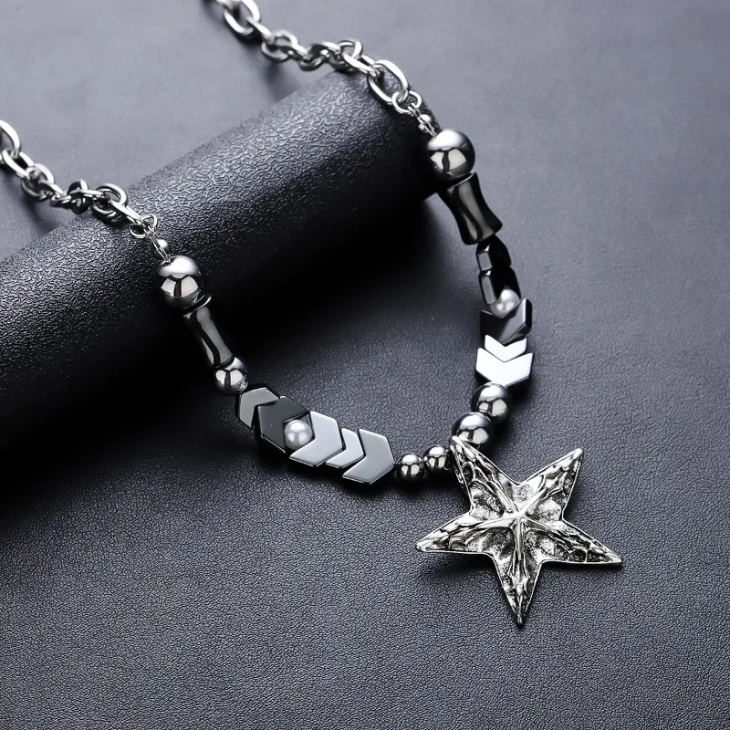 Vintage Carved Five‑Pointed Star Pendant Necklace Mixed Bead Pearl Arrow Chain Stainless Steel Punk Hip‑hop Men Women Neck Jewel