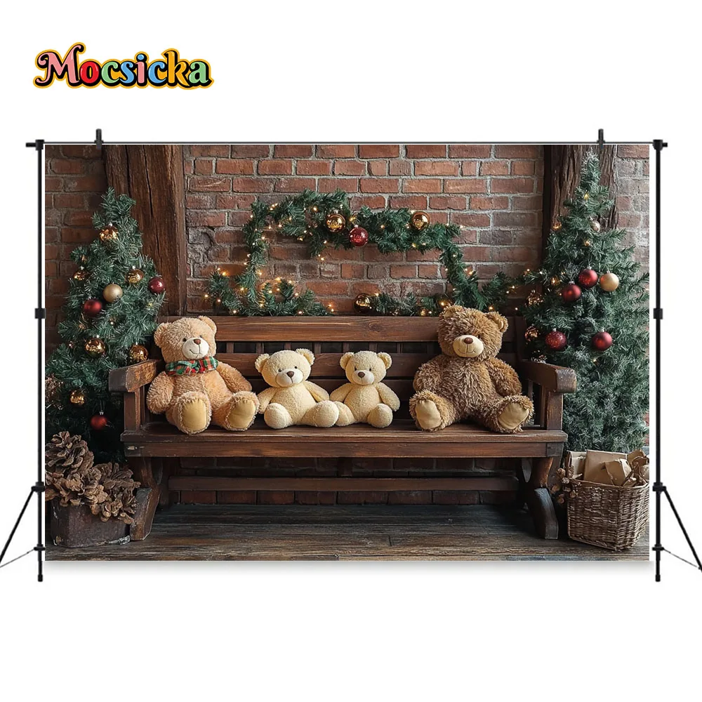 Christmas Toy Bear Gift Room Photography Background for Baby Shower Xmas Tree Vintage Brick Wall Headboard Backdrop Kids Photo