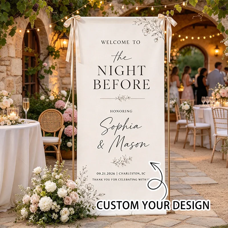 1pc Personalized Wedding Welcome Banner with Couple Names Rehearsal Dinner Sign, Polyester Wall Hanging Decor for Wedding Party