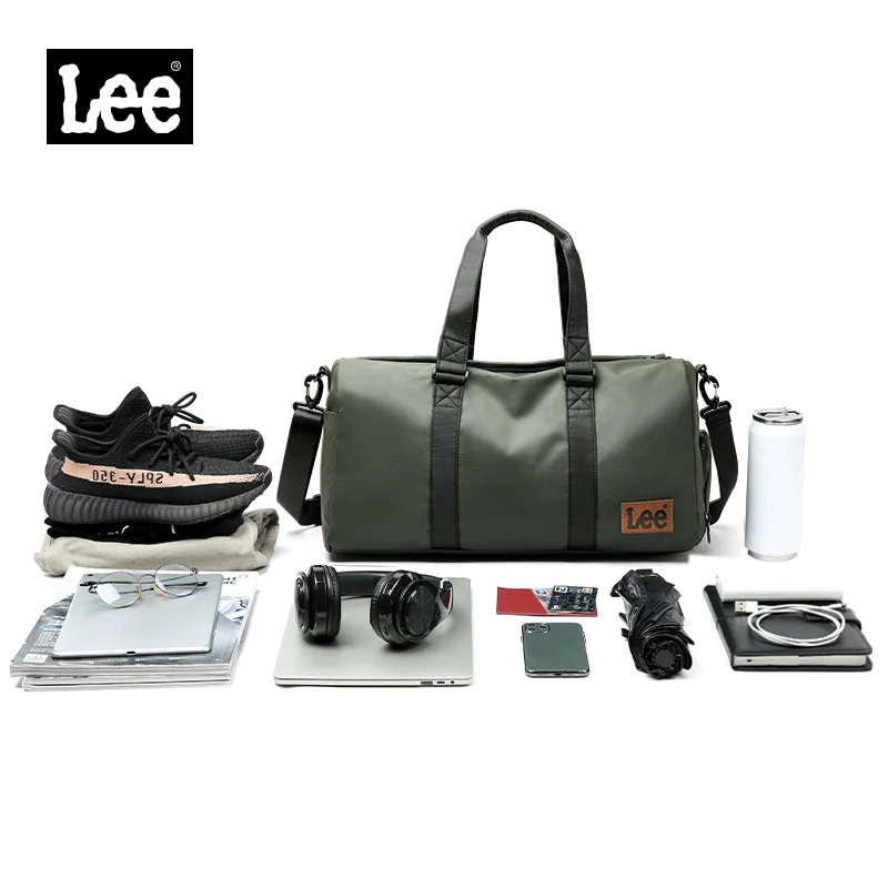 LEE Olive Green Dry Wet Pocket Shoe Compartment Travel Bag Waterproof Nylon Leather Fitness Sport Large Capacity Gym Duffel Bag