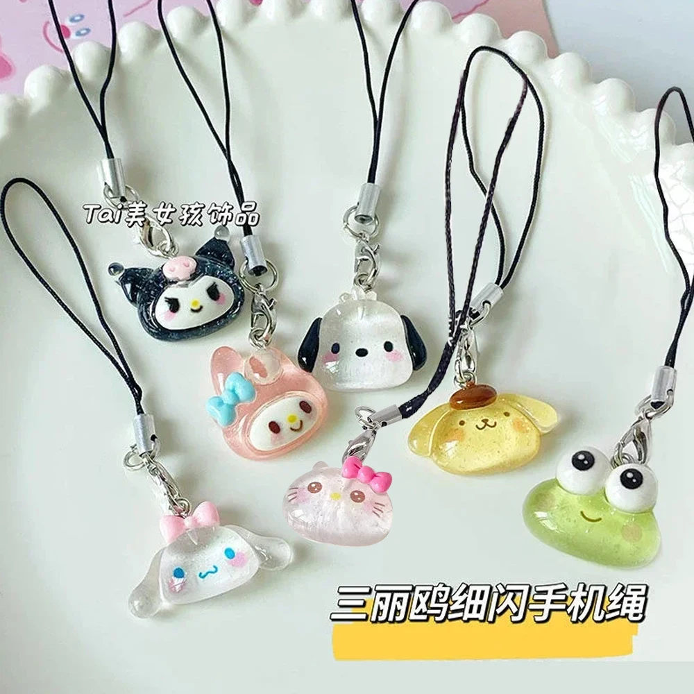 Sanrio Hellokitty Purin Mobile Phone Pendant Mymelody Pachacco Kuromi Cinnamoroll Bag Keychains Couple Pendant Rope Accessories