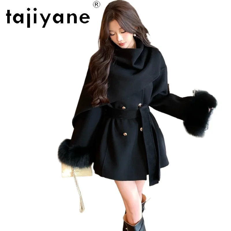

TAJIYANE Пальто из 100% шерсти со съемными манжетами из лисьего меха, шаль, элегантный дизайн, женская одежда, дизайн верхней одежды премиум-класса, 2025 пальто