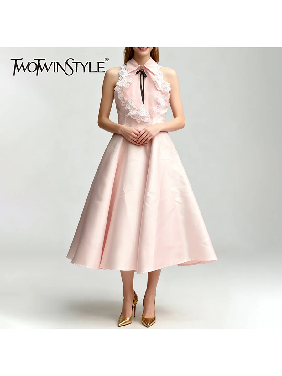 TWOTWINSTYLE エレガントなスリムフィット、レースを組み合わせたロングドレス、女性用、襟付きノースリーブ、ハイウエスト、パッチワーク、蝶結びドレス、女性用新作