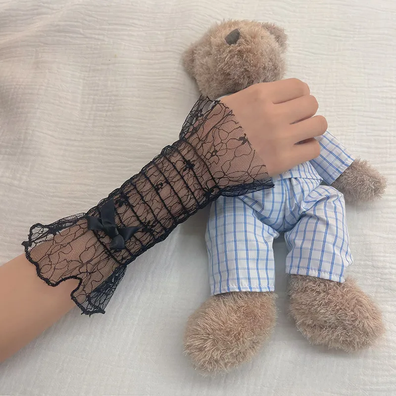 Sarung Tangan Berhias Renda Anak Perempuan Lolita Penutup Lengan Ultra Tipis Jaring Berongga Pita Sarung Tangan Aksesori Pengantin Gadis Manis Permainan Peran