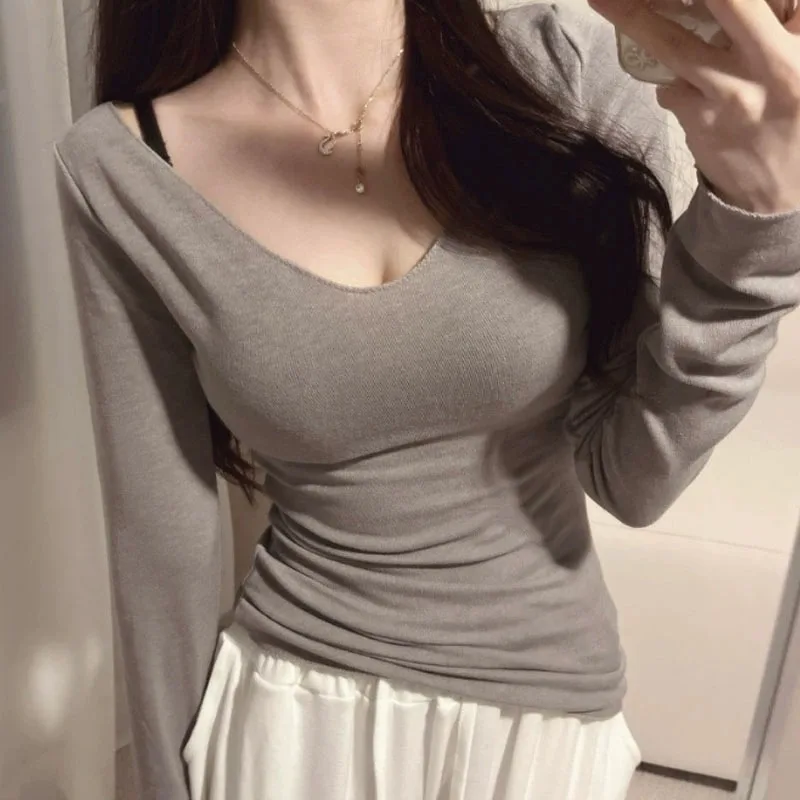 Slim Fit Long Sve Base irt Women's Sle Korean Knitted Top Pure Color V-Ne Highlight Chest Thin Waist Control Autumn ...