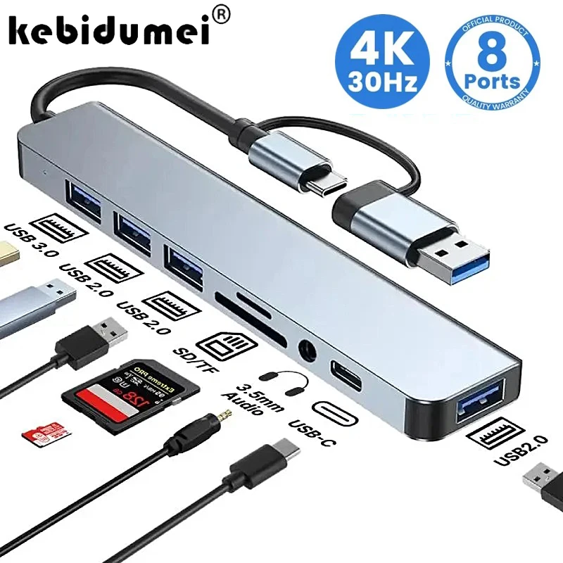 USB C Hub Type C Adapter Docking Ststion USB 3.0/2.0 Port TF SD Card Reader Audio Output Multi-hub Splitter for Macbook Pro PC