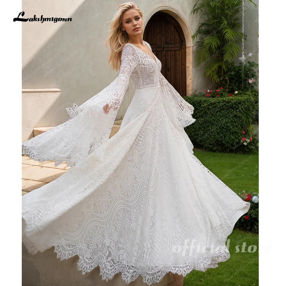 

Lakshmigown Lace Boho Wedding Dresses for Women Bride 2026 Off Shoulder Long Sleeve Backless Bohemian Bridal Gowns Customized