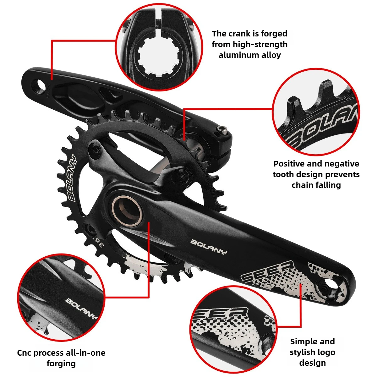 Bolany MTB Hollow Integrated Crankset with8-12Speed 36T Positive & Negative Tooth Chainring, Integrated Crank for MTB&Road Bikes