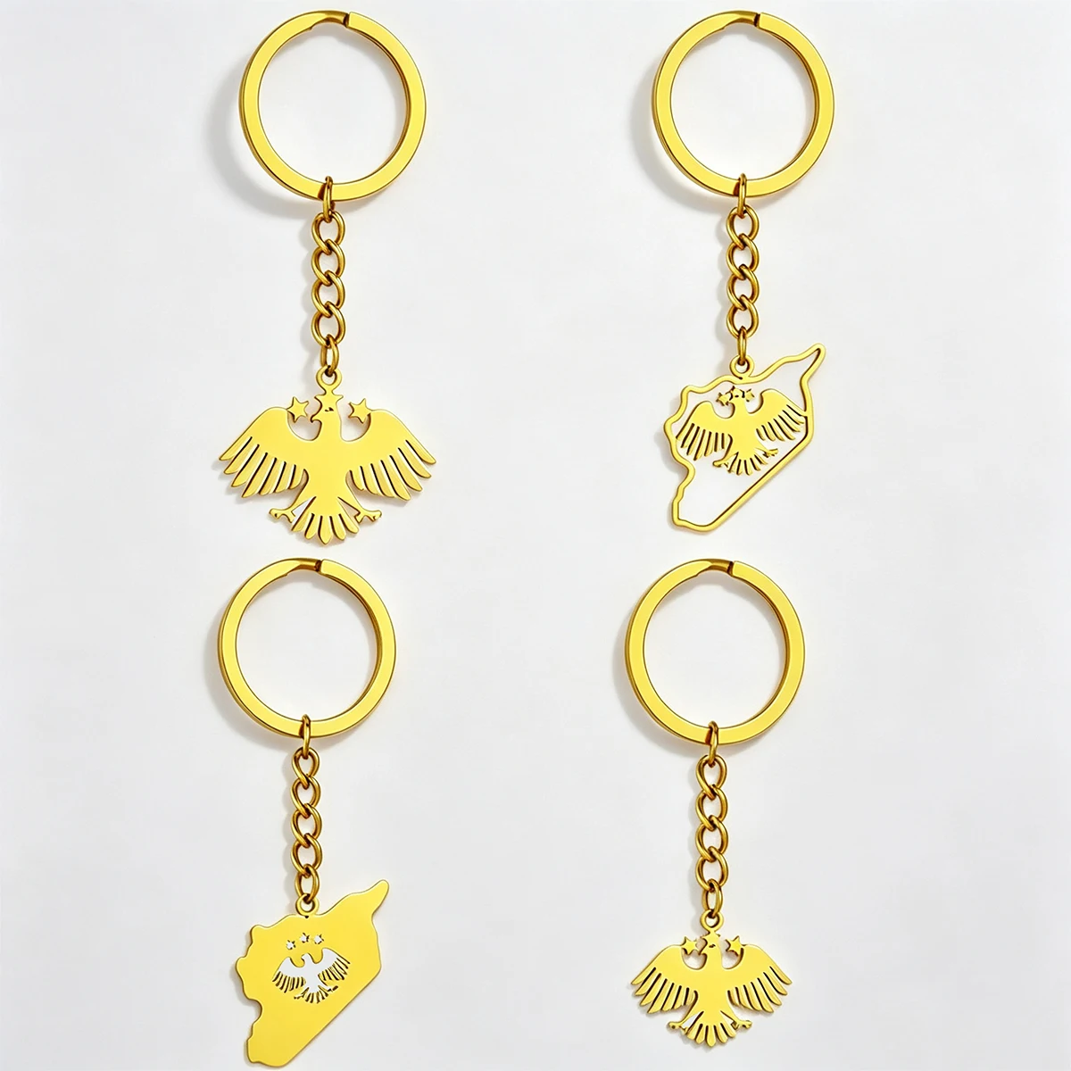 Fashion US EU Hot Selling Stainless Steel Syria Eagle Map Pendant Keychain for Couples, Ethnic Style Patriotic Jewelry Gifts