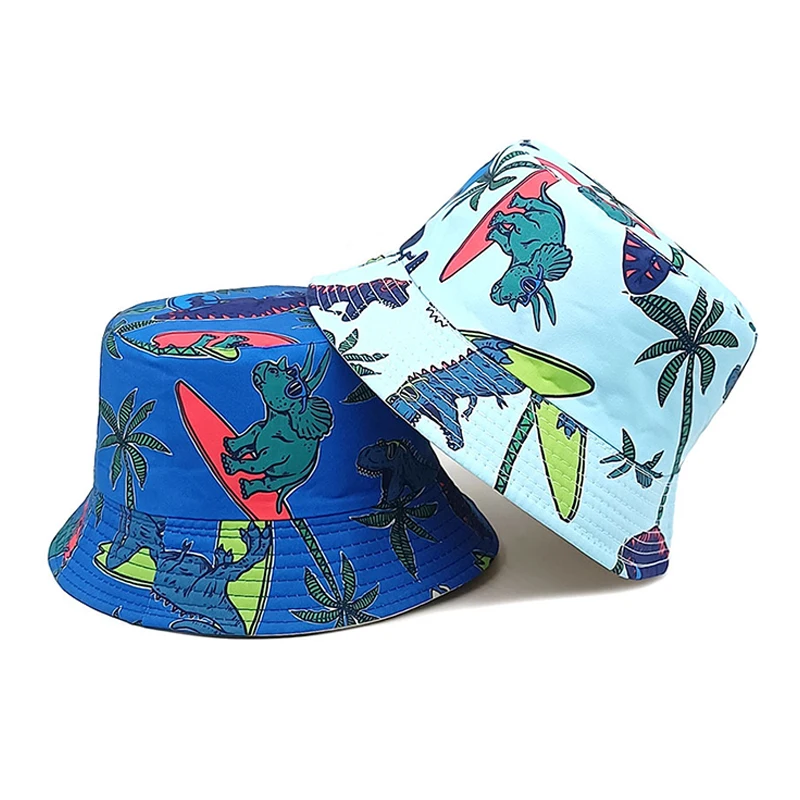 Bocca Children Bucket Hat Cartoon Fisherman Hats Boy Girl Kids Panama Cap Dinosaur Pattern Printing 54cm Outdoor Shading Beach