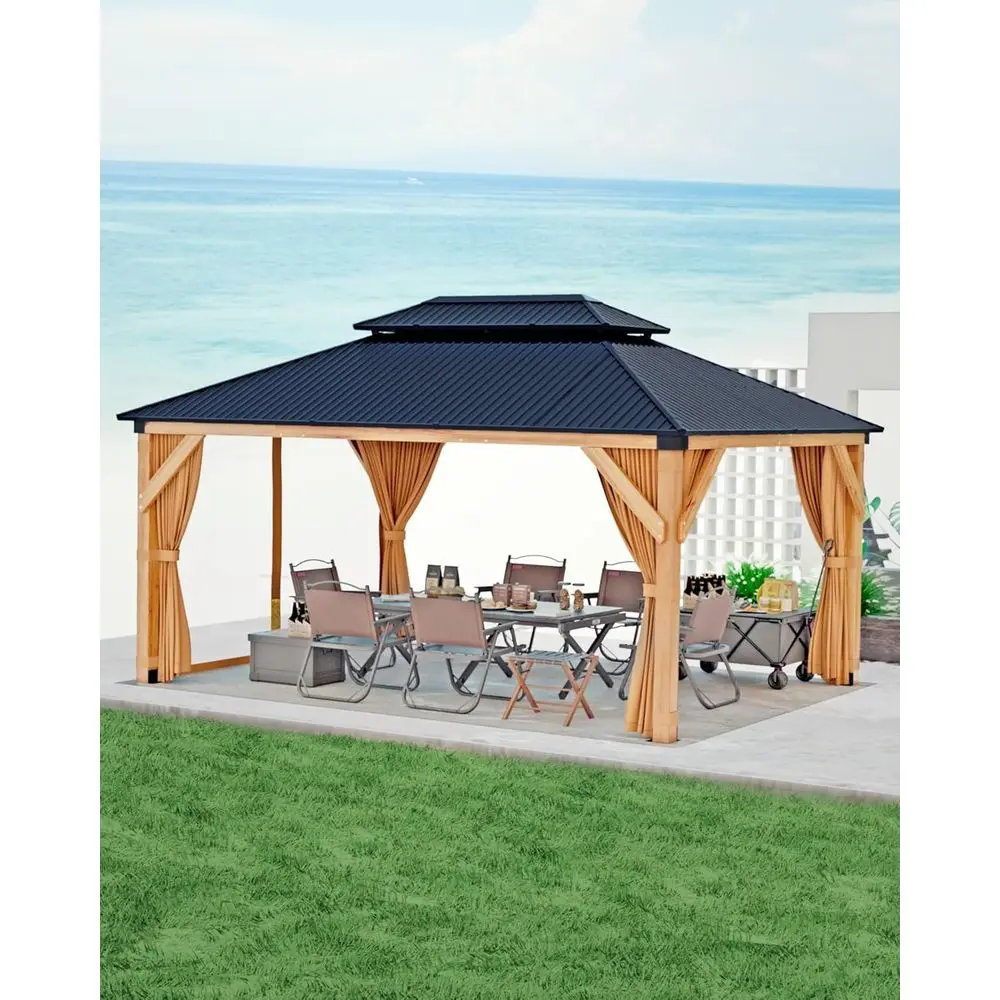 

10x12ft Khaki Spruce Hardtop Gazebo with Double Roof Metal Sheets, Heavy Duty Poles, Net, and Curtains for Permanent or Patio Us
