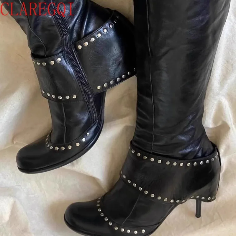New And Womens Fall Boots Wide Tube Medieval Dark Boots Femme Cuir Fashion Rivet European And American Hot Girls Heeled Boots
