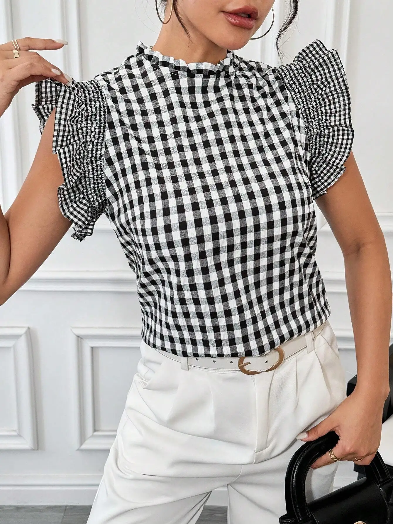 

Black And White Gingham Ruffle Sleeve Blouse Casual Women Top