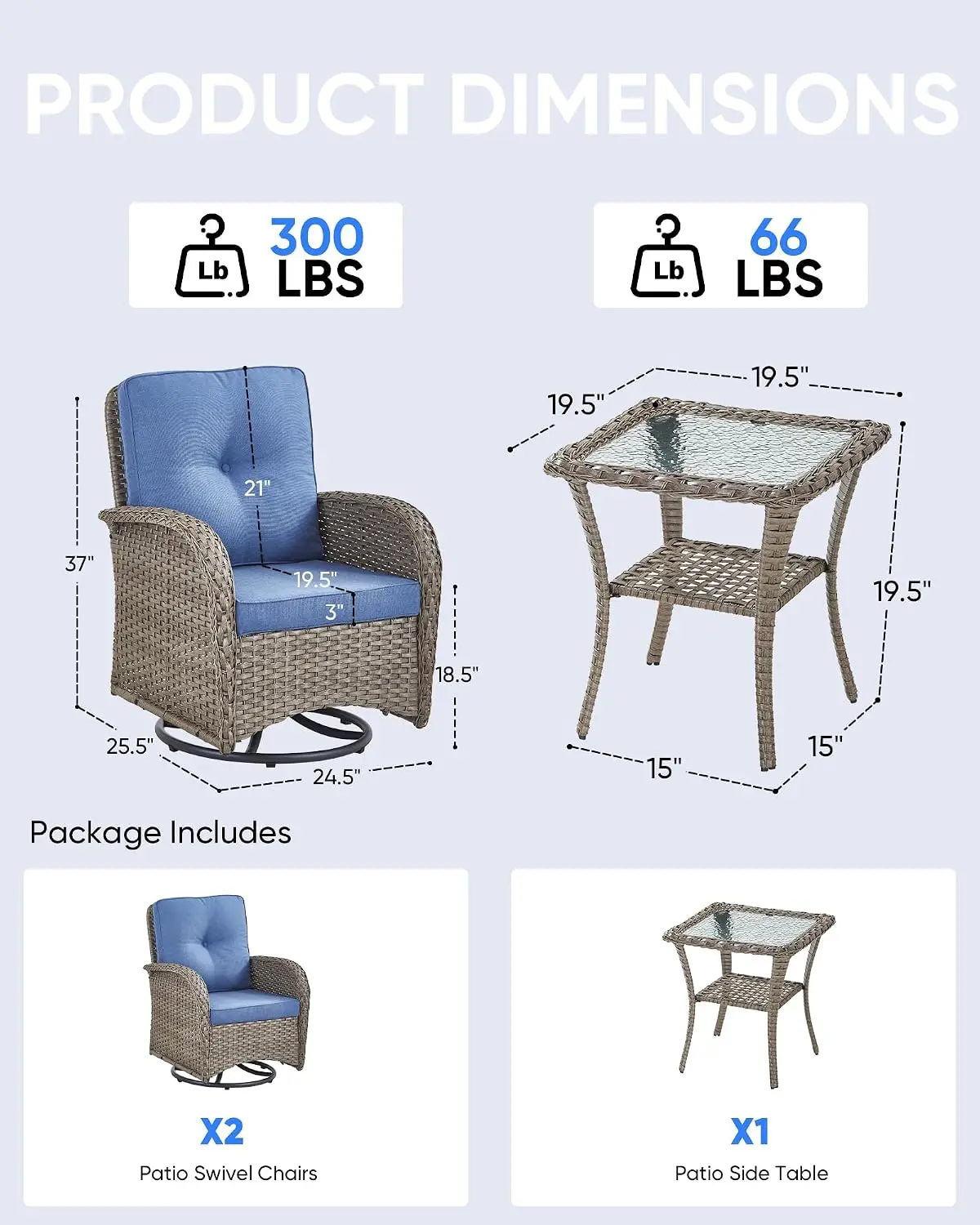 Swivel Rocker Patio Bistro Set 3-Piece with Side Table for Deck Porch Garden Balcony Outdoor, Customized