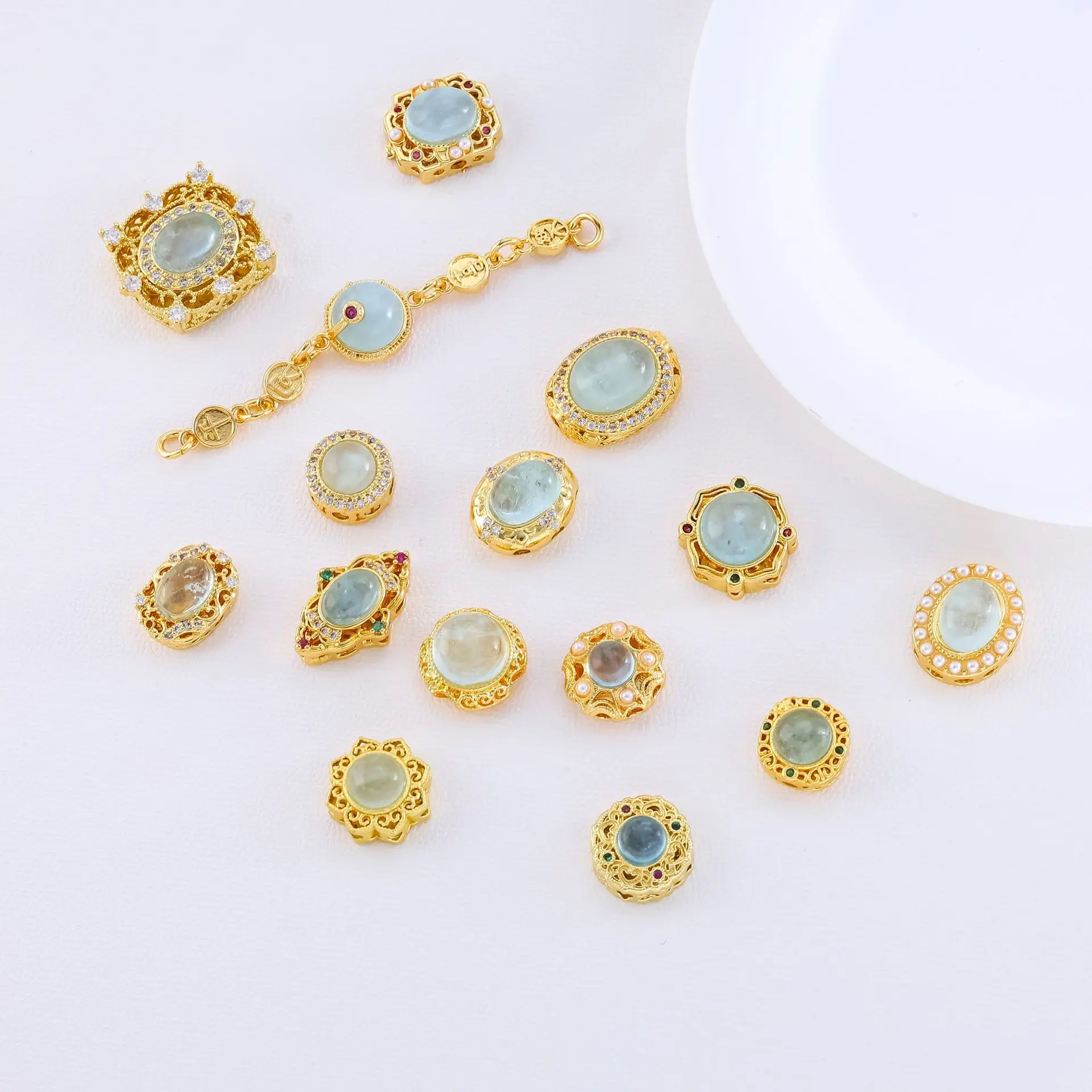 1pcs Copper Gold Inlaid Natural Aquamarine Jewelry Spacer Bead Accessories DIY Pearl Bracelet Necklace Materials Wholesales