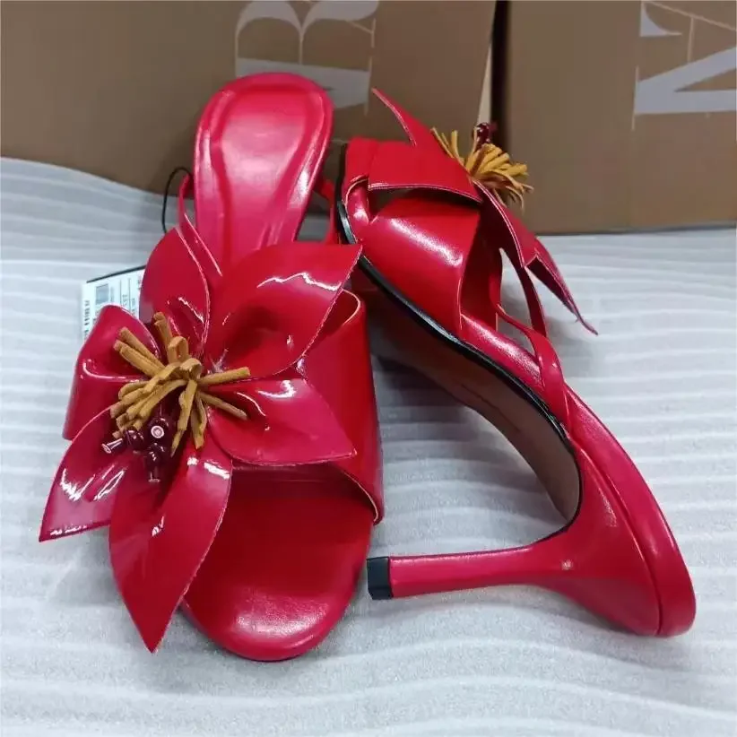 CHMURY Cherry Red White Flower Floral Heeled Sandals Mules Slipper High Heels Shoes for Women 2024 7cm White Summer