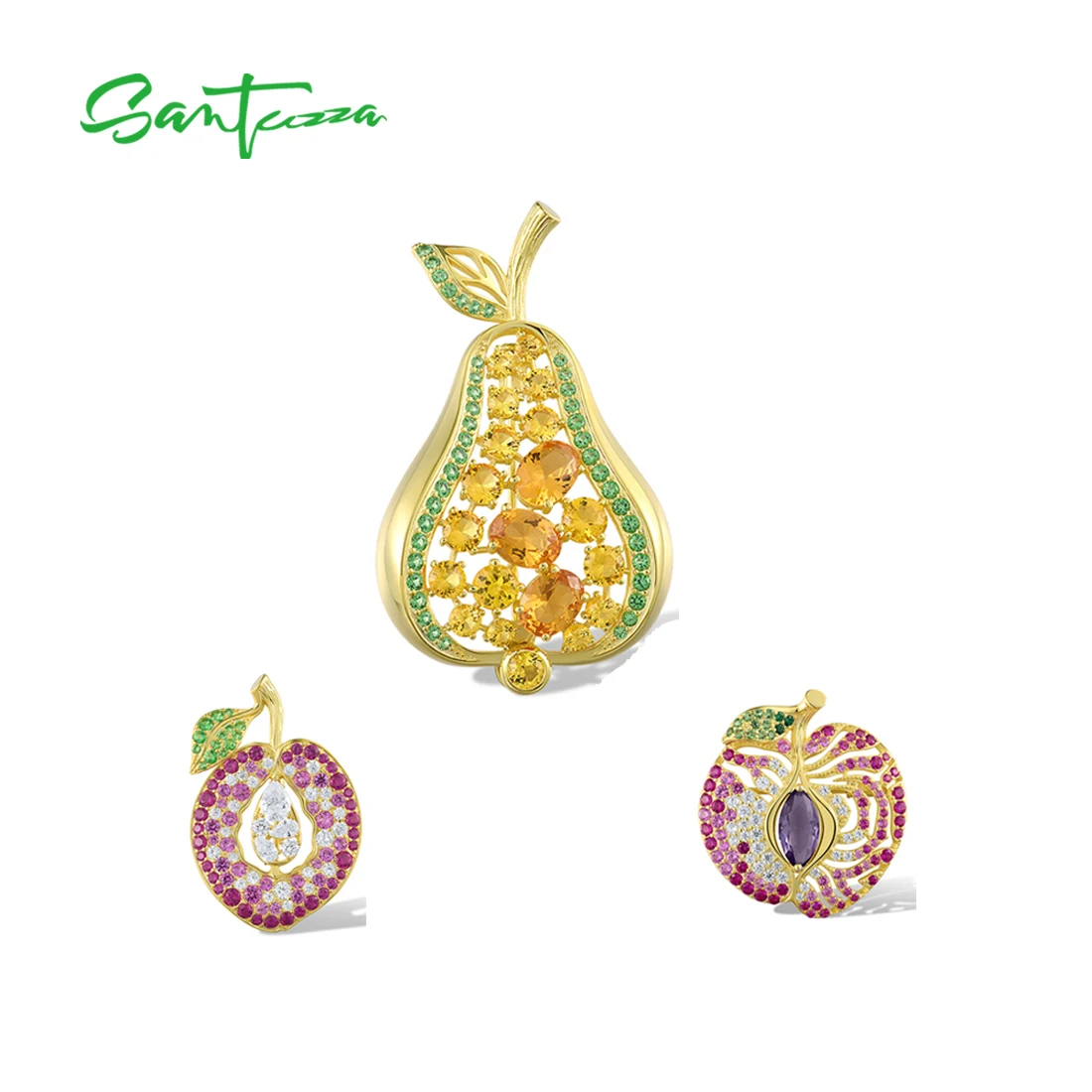 

Santuzza Pure 925 Sterling Silver Fruit Brooch For Women Funy Pear Apple & Peach Colorful Crystal Elegant Gift Fine Jewelry