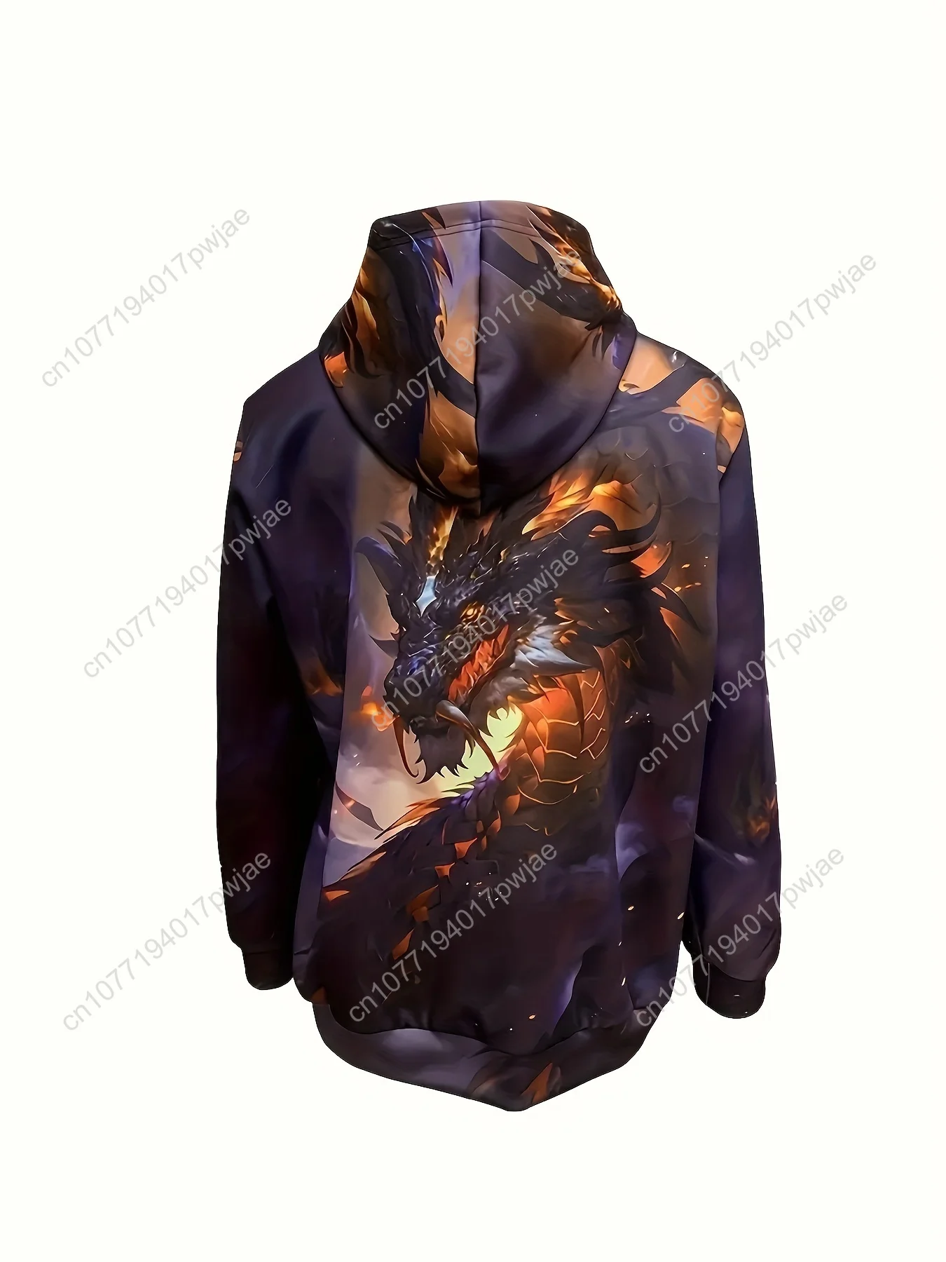 Langärmliger, atmungsaktiver Polyester-Herren-Hoodie mit lässigem 3D-Drachen-Print und Taschen, perfekt für Outdoor-Aktivitäten, geeignet für