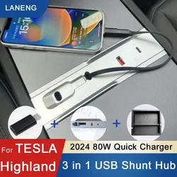 Estación de acoplamiento para Tesla Model 3 Highland 2024, extensión de divisor alimentada de 80W, Cable extensible de concentrador USB Plug and Play