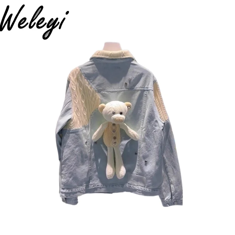 

American Style Denim Coat Female Back Three Dimensional Bear Doll Jean Jacket 2024 Autumn New Fashion Women's Long Sleeve Coats