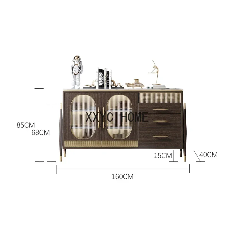 

Light Luxury Sideboard Cabinet Living Room Marble Locker with Induction Lamp Solid Wood Glass Entrance Cabinet
