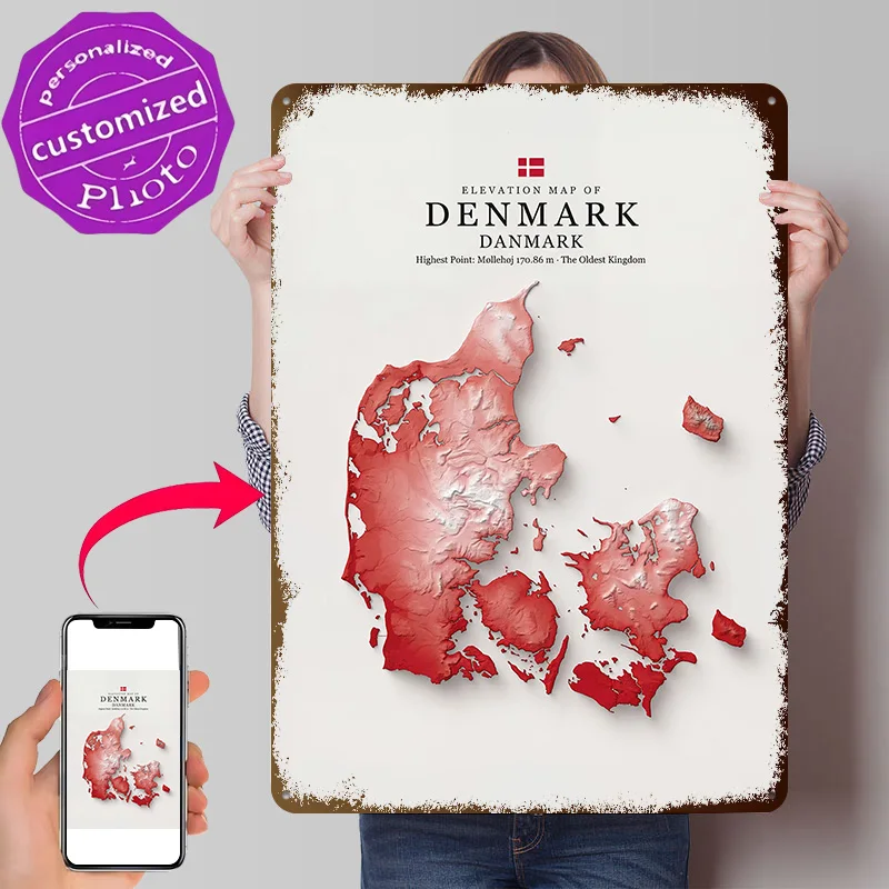 Elevation Map of Denmark Personalized 3D Textured Metal Poster Wall Art Tinplate Sign for Modern Home Decoration Ornaments House