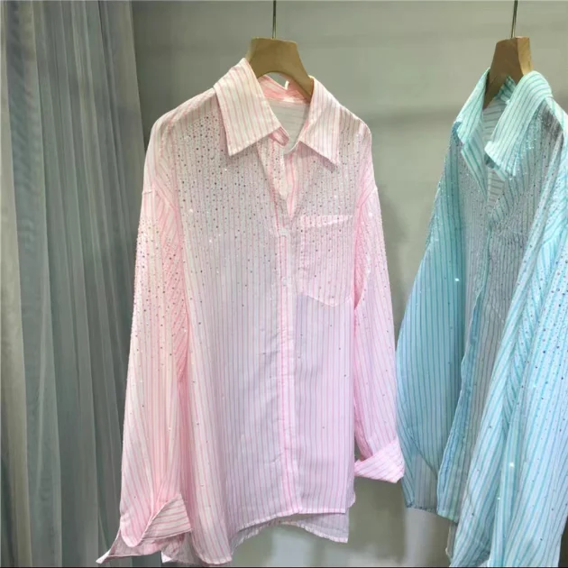 

​​Summer Women's Striped Shirt Lightweight Loose Long Sleeve Blouse Turn-Down Collar Sun Protection Oversized Top​