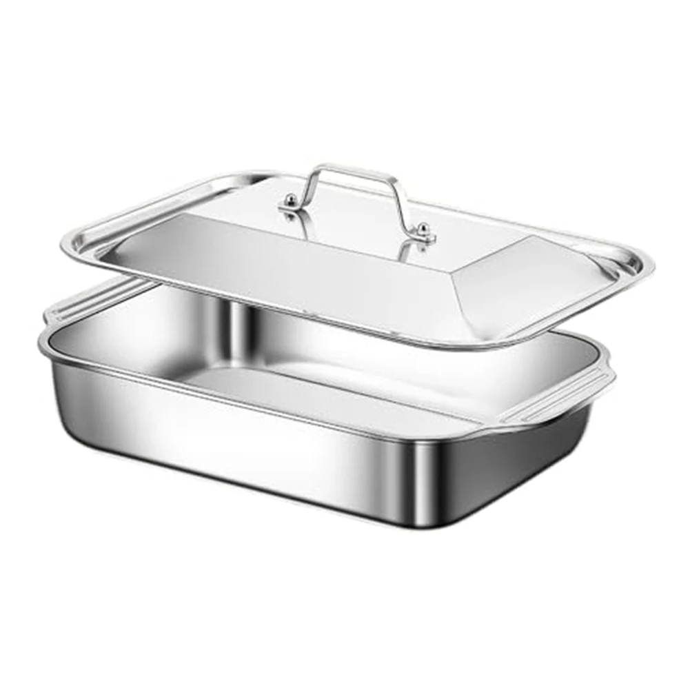 Sartén para lasañas de acero inoxidable de 18x11 pulgadas de grado comercial con 3 pulgadas de profundidad, tapa y asas de tacto frío para cocinar en horno y mesa