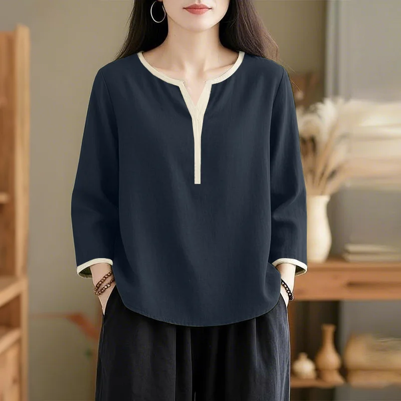 2026 ZANZEA Sommer-Shirt für Damen, Patchwork-Bluse mit V-Ausschnitt, 3/4-Ärmel, Elegante Arbeitsblusen, Lässige Lockere Bluse
