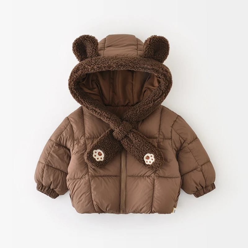 

2025 New Winter Children's Little Bear Ears Hooded Scarf Thickened Warm Cotton Jacket