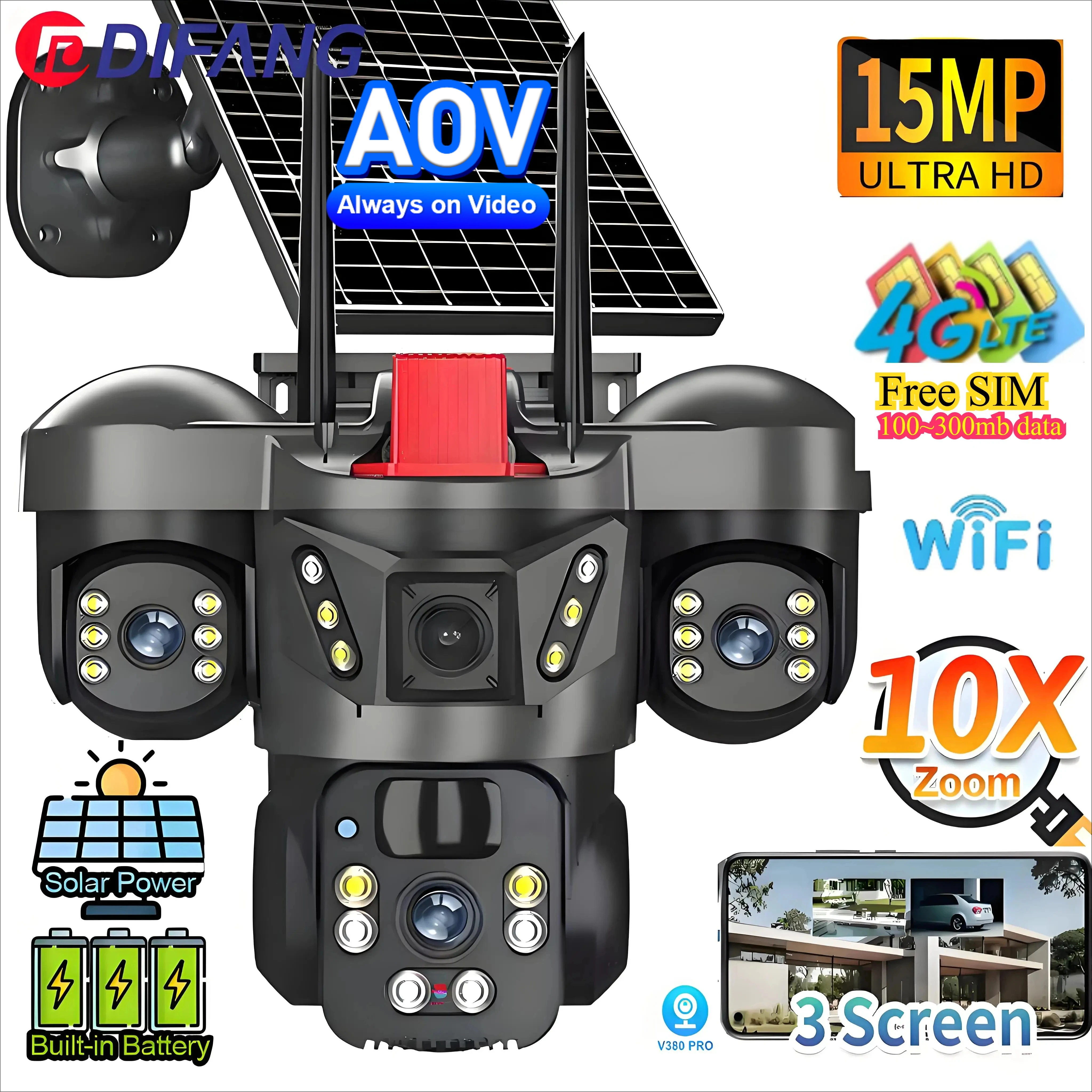 8K 15MP ソーラーカメラ 3レンズ 4G SIM対応