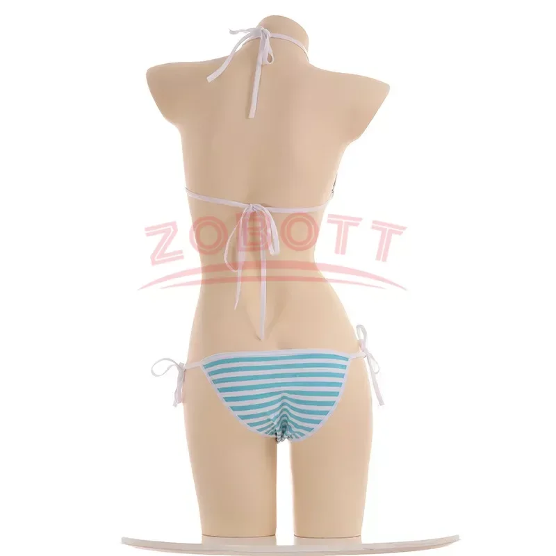 Anime Miku Kawaii Mini Bikini Cosplay Blue White Striped Micro Bikini 2019 Swimming Suit for Women Tie Side Swimsuit Set