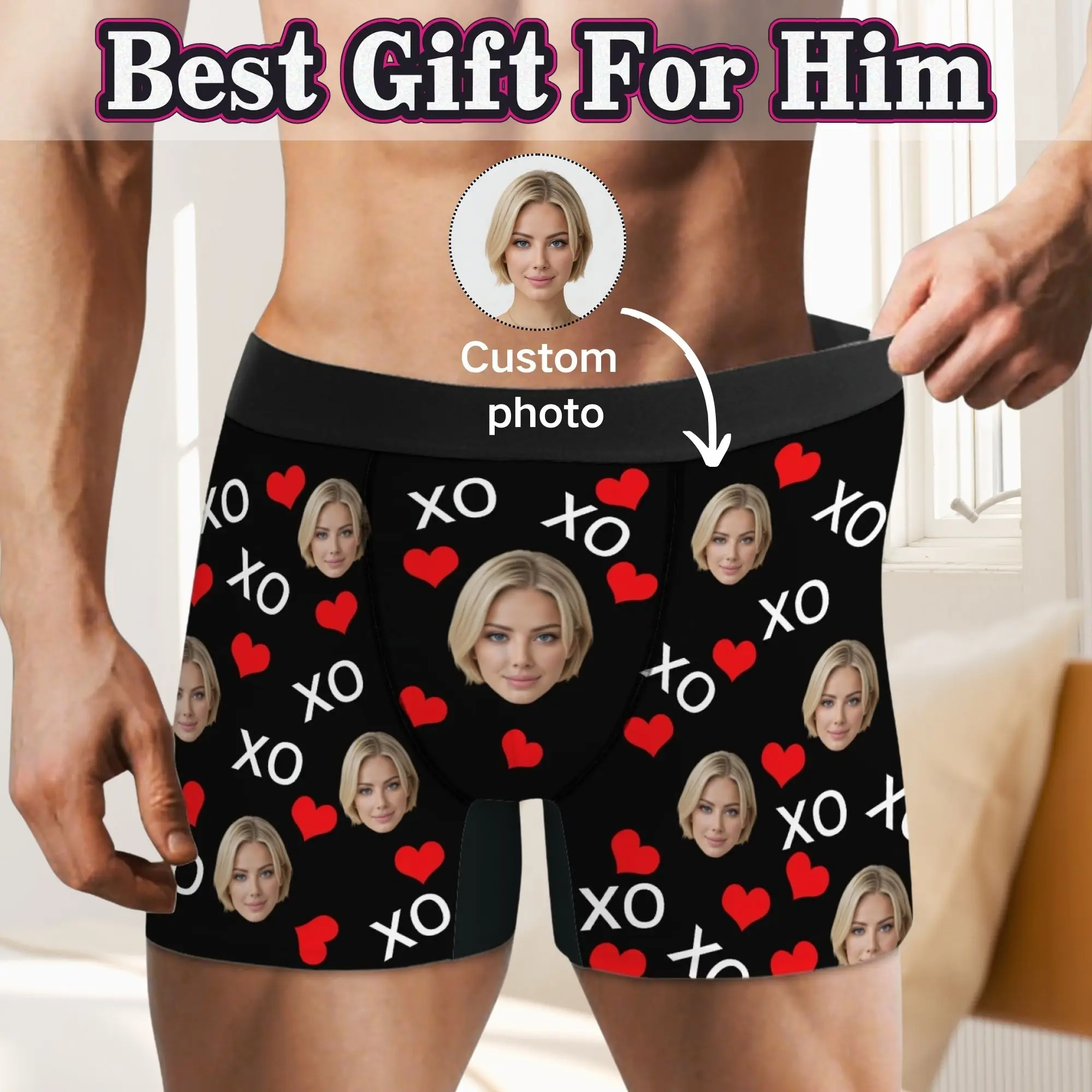 Personalized Face Men's Boxer Briefs Custom Photo Underwear with Heart & XO Pattern Funny Gag Gift for Husband Boyfriend