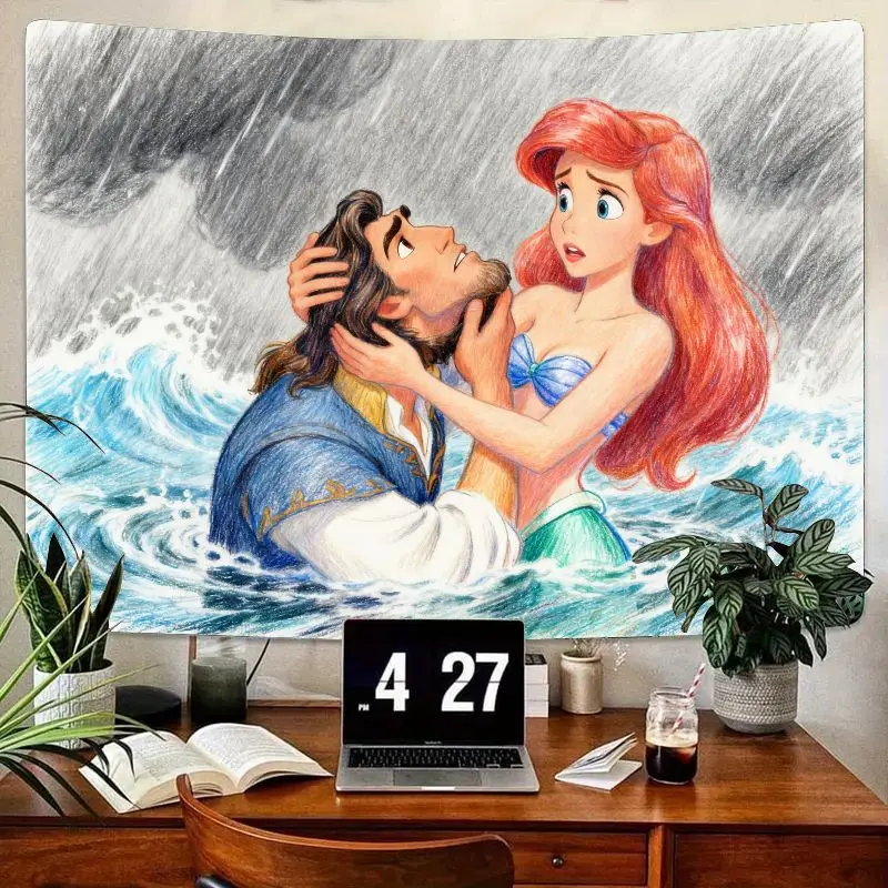 

1 шт. романтический гобелен «Ариэль и принц Эрик», драматическое настенное искусство для спасения океана, сказка принцессы-русалки, домашний декор для спальни Li