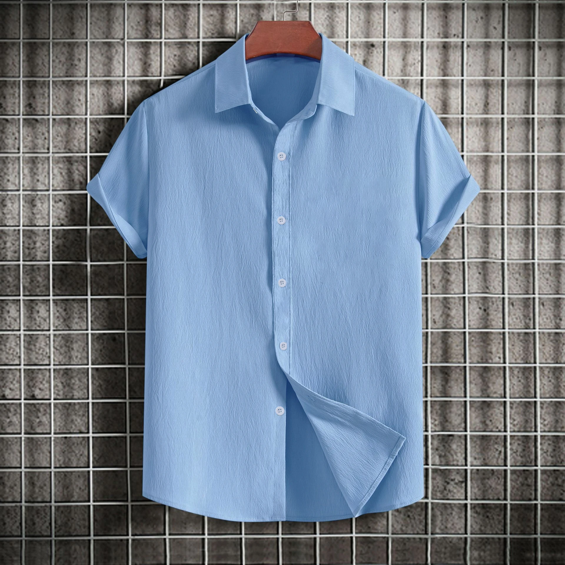 Men's Casual Short-sleeved Solid Color Lapel Shirt