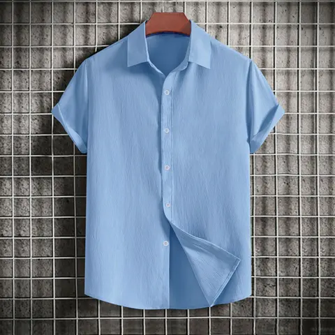 Men's Casual Short-sleeved Solid Color Lapel Shirt
