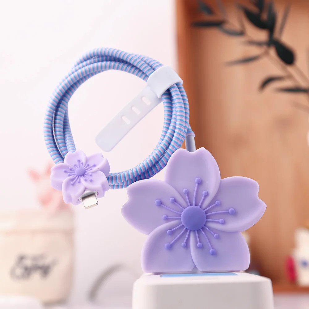 Purple Charger Petal For iPhone 20W Cherry Blossoms Fast Charging Candy Color USB Data Cable Protective Case Winder Organizer view 5