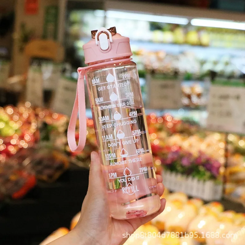 Wasserflasche mit Zeitmarkierung, auslaufsicher, Sport-Trinkflaschen, Outdoor-Sport-Wasserflasche mit Strohhalm, Reise-Wasserkocher, Fitness – Detail 6