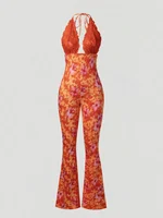 Women Halter Neck Lace Trim Floral Print Flared Jumpsuit Boho Spring Summer Vacation Beach Date Lightweight Flattering Jumpsuit - Image 6