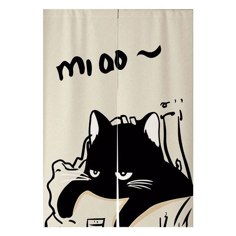 Simple Black Cat Door Curtain, Fun Black And White Cartoon Cat, No Punching Entrance, Bedroom Privacy Partition Curtain