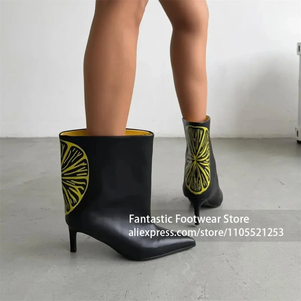 Botines de tacón de aguja con estampado de rodajas de limón morado y amarillo, de piel sintética, con punta, únicos y divertidos, para uso diario o fiestas, para mujer.
